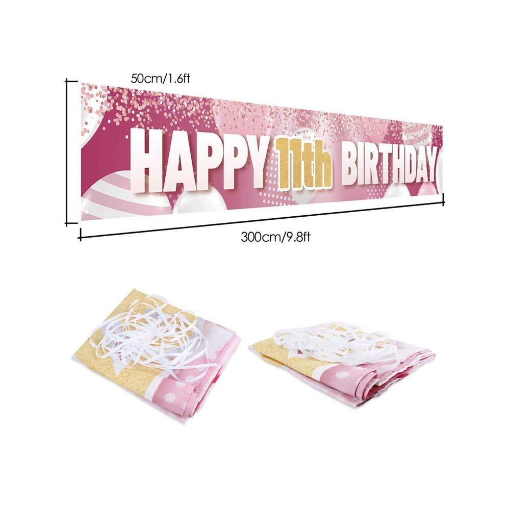 9.8 X 1.6 Ft Large Sign Happy 11th Birthday Banner Pink For Kids Birthday - Picture 2 of 7
